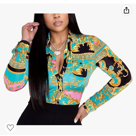 Colorful long sleeve button up blouse - Picture 1 of 3